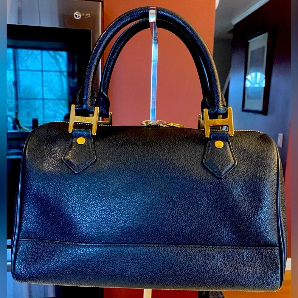 MCM Black Pebble Leather Boston Satchel w/Gold Hardware, EUC